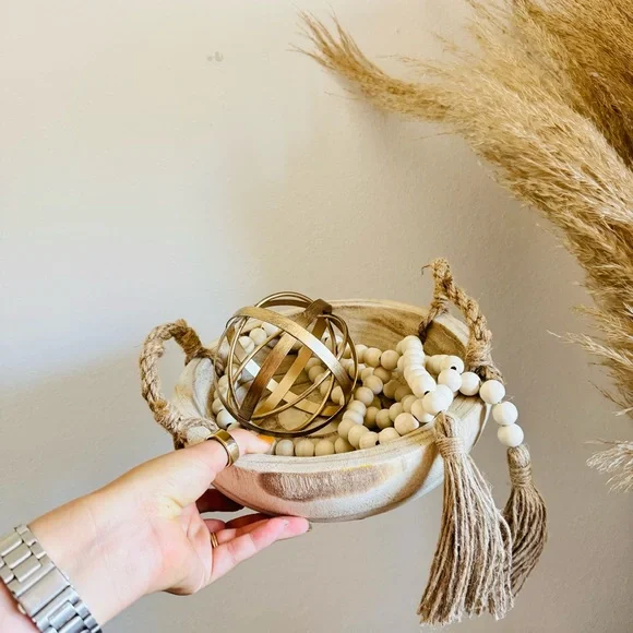 NEW POTTERY BARN White Cream Tan Wood Decor Low Bowl Knot Beads Chain Sphere - Picture 5 of 16